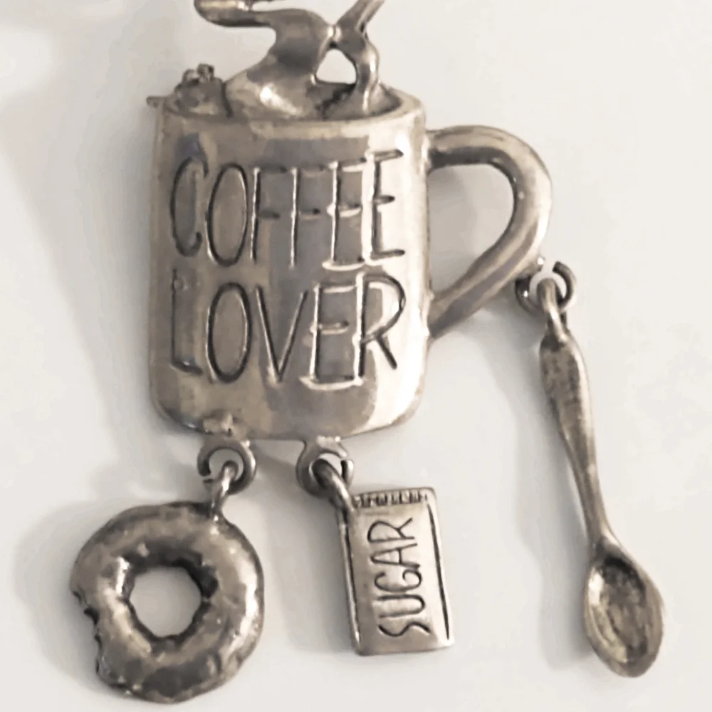 Vintage Sterling Silver Whimsical Coffee Lover Brooch